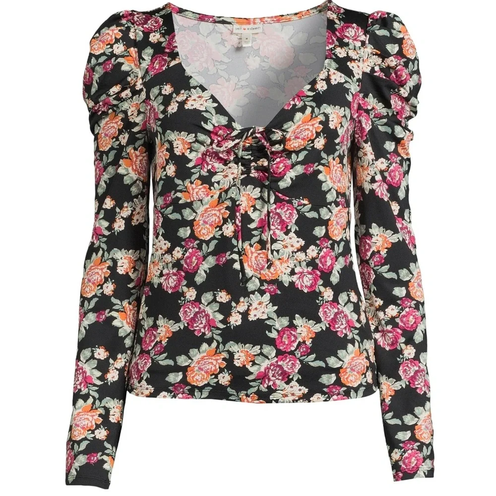 🌴Women’s Self Esteem V Neck Cinch Front Puffed Shoulder Long Sleeve Shirt - Picture 4 of 11